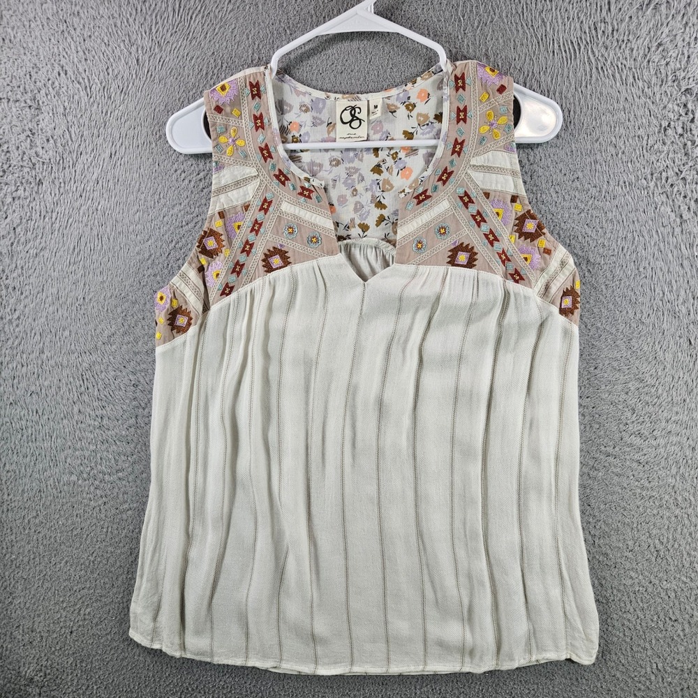 One September Anthropologie Embroidered Sleeveless Top Ivory Striped Boho